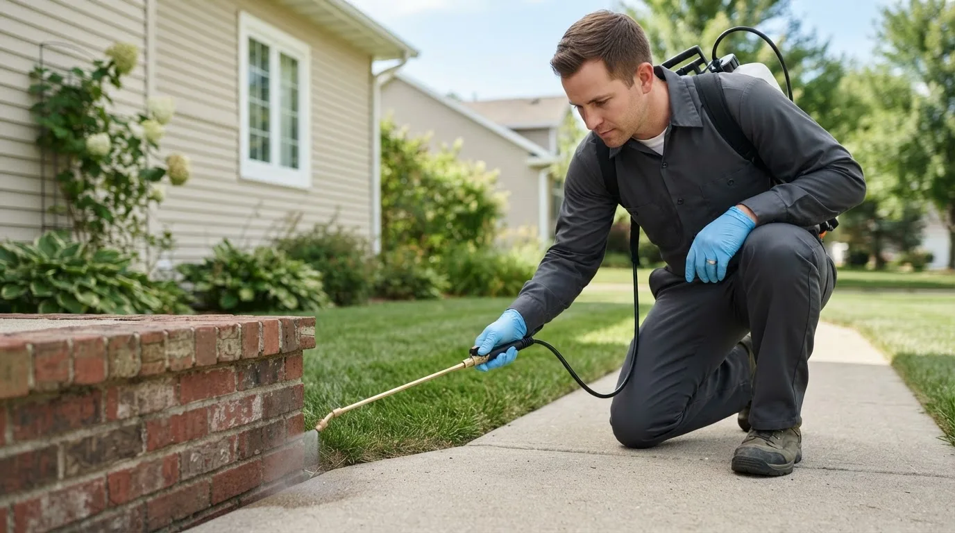 Pest control technician treating a home near Mendon, NY