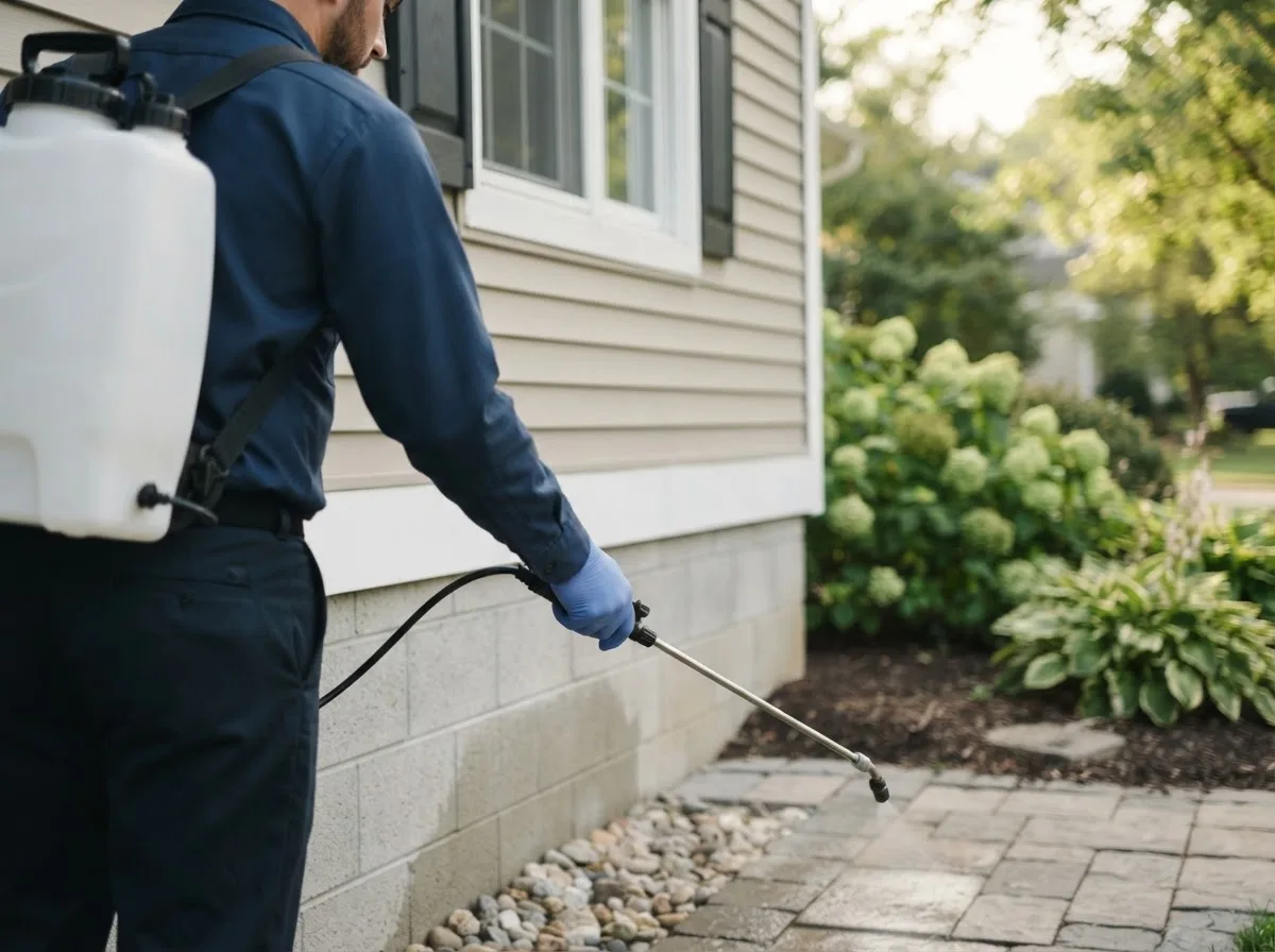 Pest control technician inspecting a home in Mendon, NY